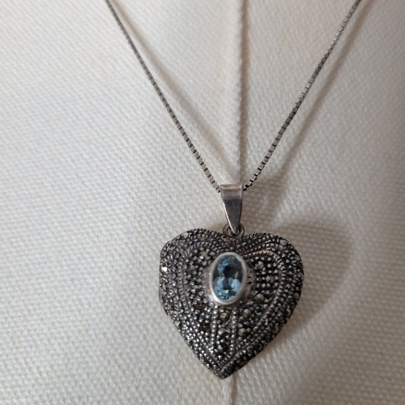 Jewelry - Vintage Silver And Blue Topaz Heart Shaped Locket With 18 Inch Chain, Necklace